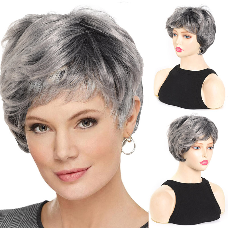 parrucca da donna capelli corti e ricci nonna mezza età copricapo 10CM fibra chimica sintetica capelli corti e ricci_voghion.com