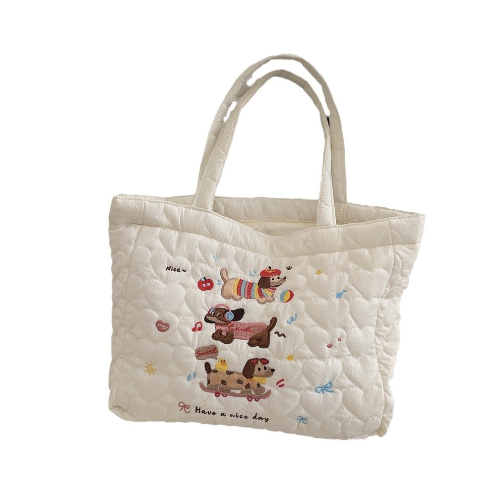 Autumn Winter Quilted Cotton Cute Dog Embroidery Handbag Shopping Lunch Tote Bag For Women_voghion.com