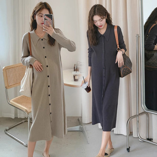In Stock # Maternity Autumn Dress 2025 New Fashion French Sweet Doll Collar Knitted Maternity Long Dress