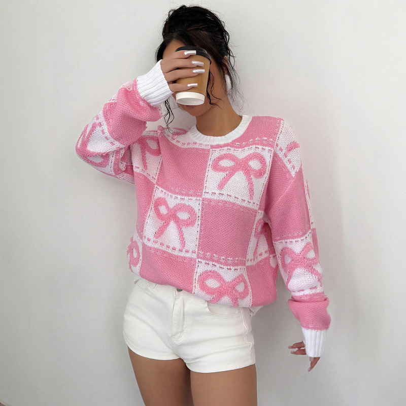 2025 New Autumn and Winter Sweet Christmas Pink Bow Knitwear Loose Top Knitwear European and American Cross-Border Women's Clothing 2025 New Autumn and Winter Sweet Christmas Pink Bow Knitwear Loose Top Knitwear European and American Cross-Border Women's Clothing