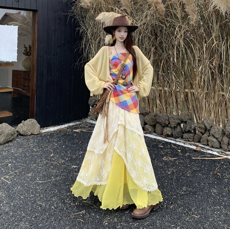 适美2025秋季度假套装不规则吊带宽松开衫外套女蕾丝半身裙三件套|undefined