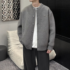 2025春秋新款棒球领粗针开衫纯色宽松休闲慵懒感毛衣外套男女同款