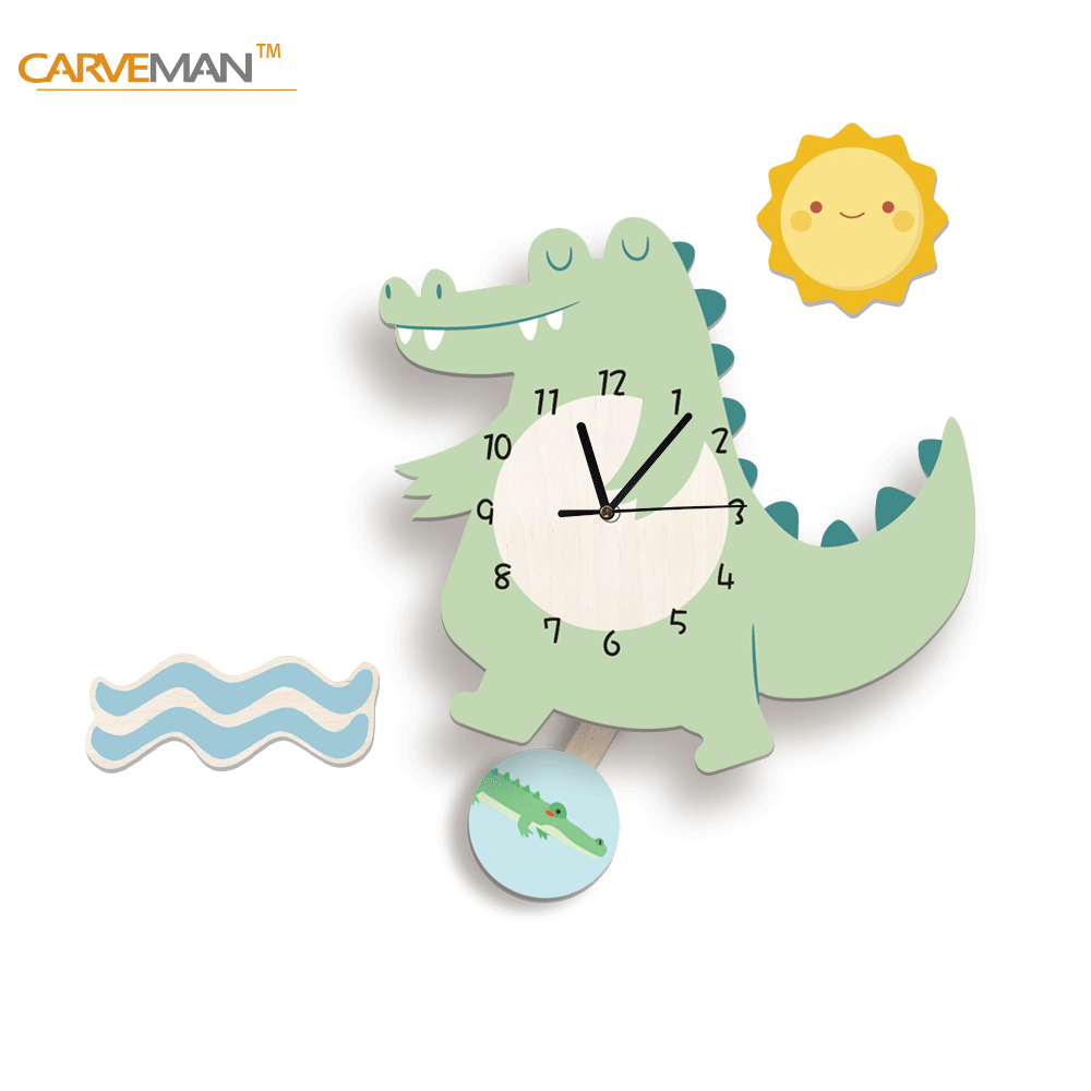 Funlife Nordic Animal Children's Fun Pendulum Clock Cartoon Crocodile Children's Room Silent Creative Wall Clock UWC020