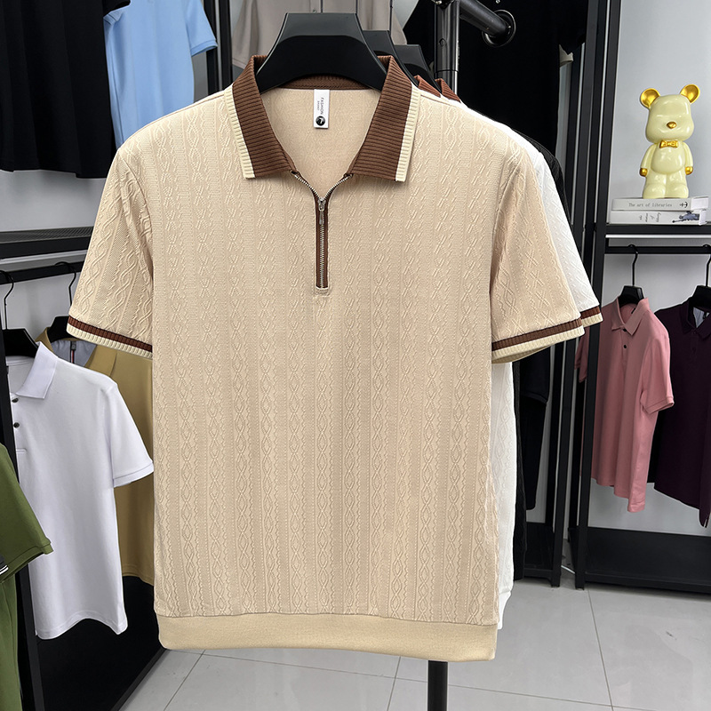 Hombres de mediana edad clásicos de color sólido semia cremallera solapa polo camiseta jacquard rayas de verano nuevo hombre camiseta de manga corta