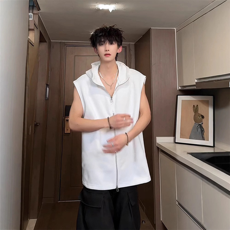 White Hooded Sleeveless Vest Men's Summer Design Metal Zipper T-Shirt Right Shoulder American Heavy Short-Sleeved Vest