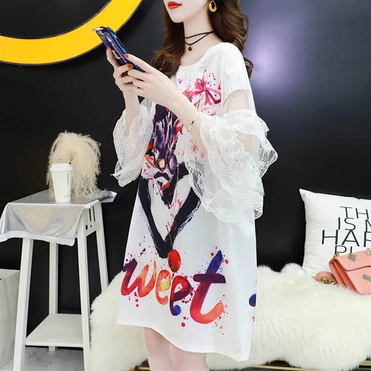 607 Official Picture 100 Polyester Summer Dress Korean Style Loose Cartoon Lace Sleeve Mid-Length Dress Women's Graffiti T-Shirt