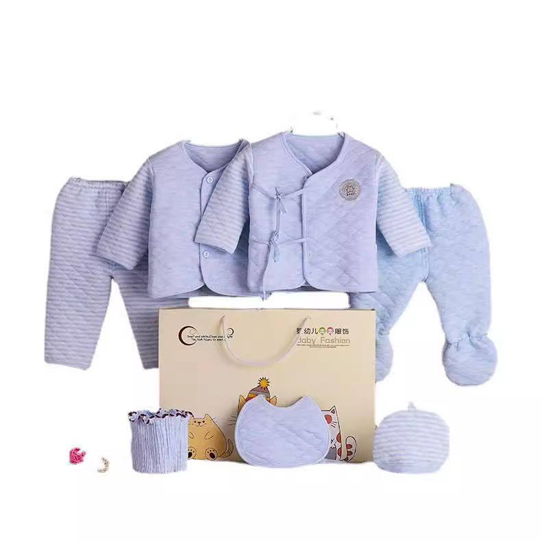 Conjunto de ropa interior para bebé recién nacido, conjunto completo para el primer mes, ropa de algodón cálida para recién nacido, conjunto de siete piezas, venta al por mayor, grueso y cálido.