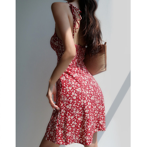 French retro girly V-neck red floral suspender skirt slim fit waist strap short skirt vacation dress