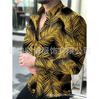 新款跨境外贸街潮3D印花休闲修身款欧美青年长袖衬衫男不规则印花