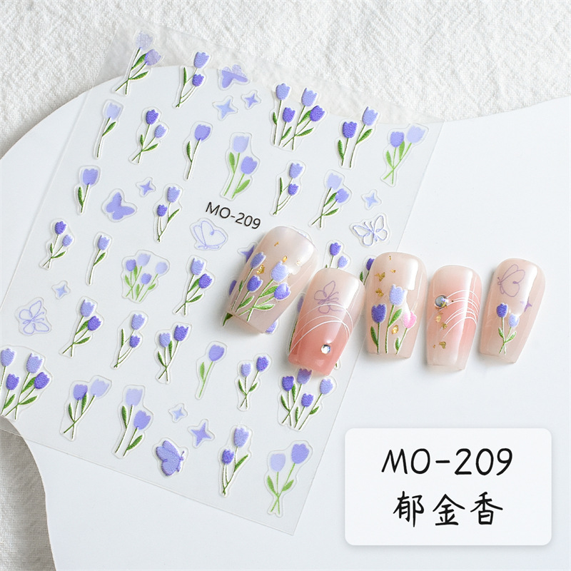 Pegatinas de uñas en relieve de tulipán de primavera de gelatina, pequeñas flores frescas, pegatinas de uñas 5D con pegamento trasero