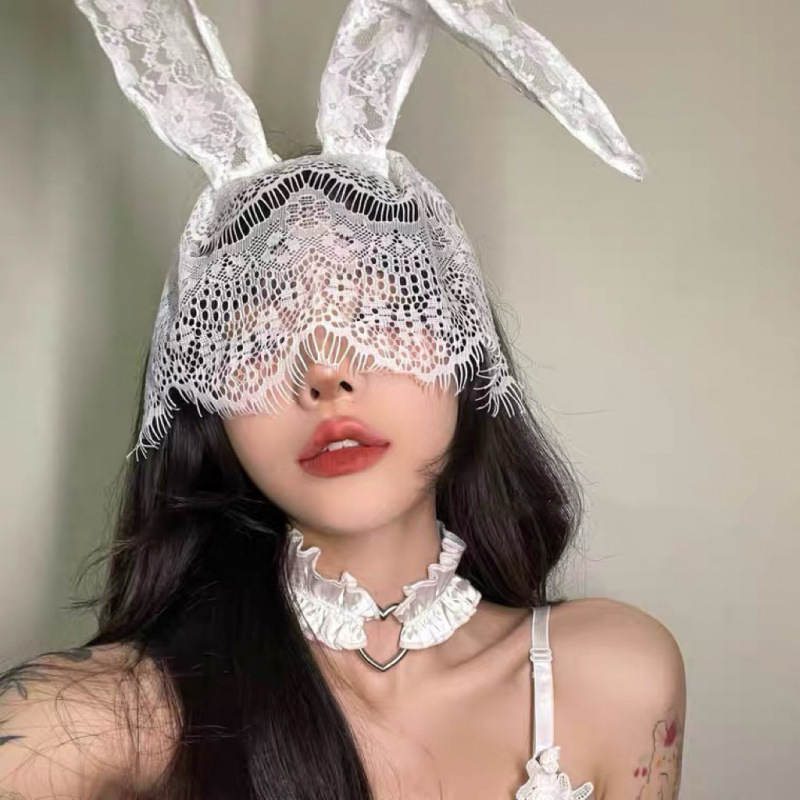 网红蕾丝发箍黑色兔子耳朵头箍舞会蕾丝发箍女高级感派对头饰批发|undefined