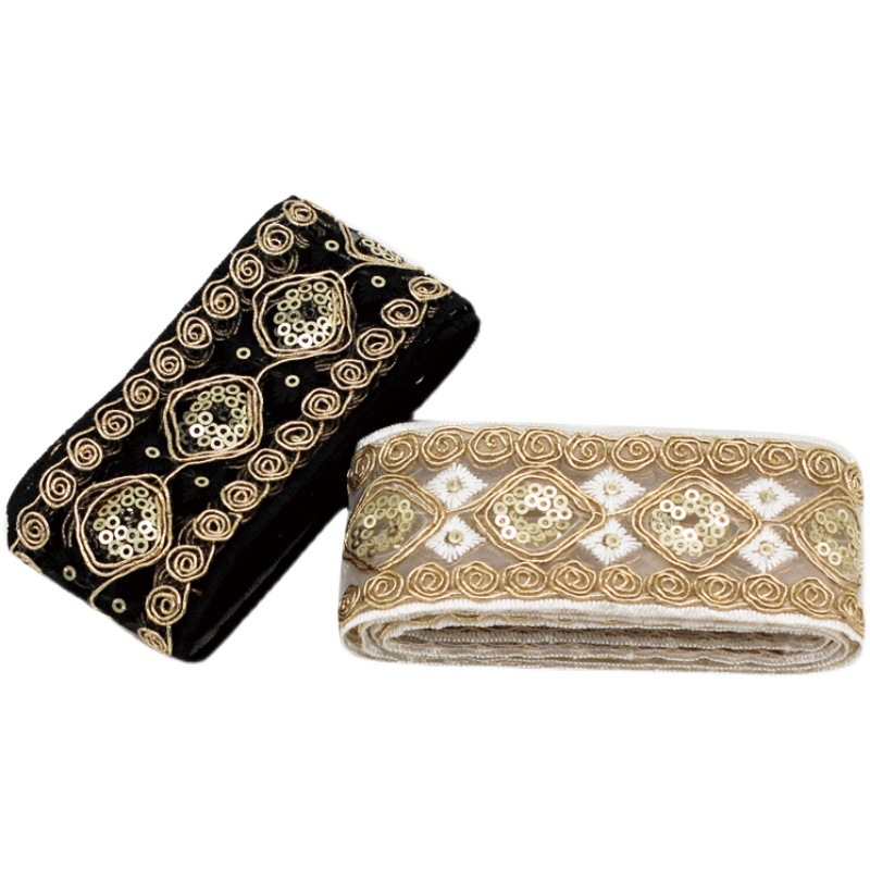 4.8CM 新款菱形网纱刺绣亮片花边辅料 金色股线汉服服装领口花边