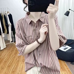 夏服文芸復古polo襟純綿ゆるい縞半袖シャツ女性減齢上着2025新作シャツ