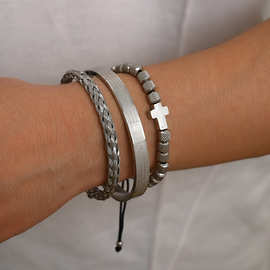 街头嘻哈男士叠戴三件套 麻花编织手链刻纹开口镯十字架珠子手饰