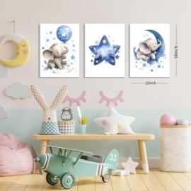 幼儿园帆布墙艺术 3 件套蓝色大象月亮和星星图片墙壁装饰绘画