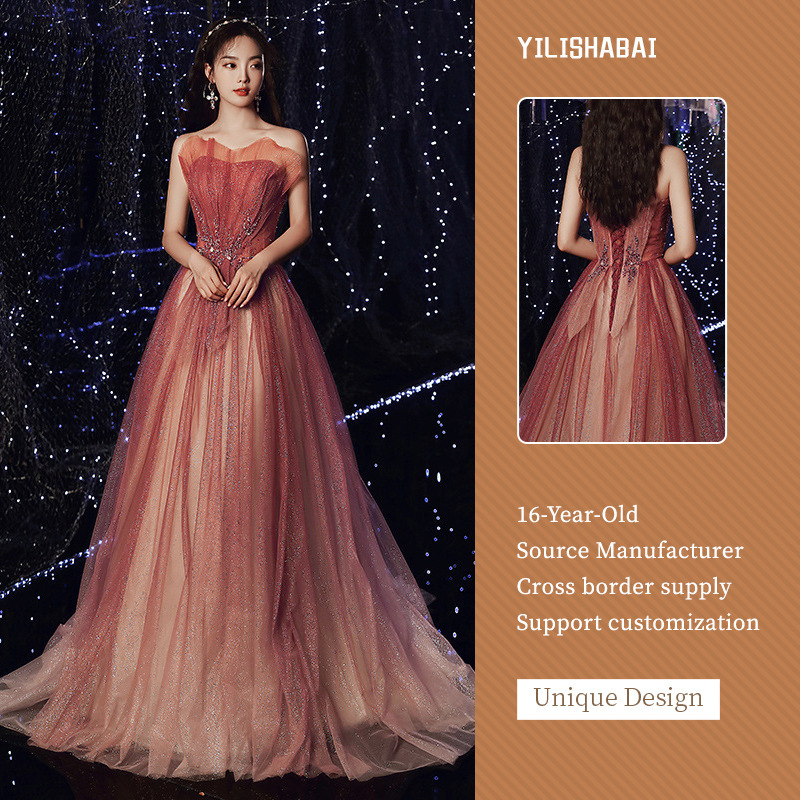 Cross-Border Red Wedding Bride's Strapless Gown with Tulle Skirt, 2026 New Model, Elegant Banquet Host Fairy-Style Evening Dress