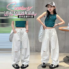 夏季女童套装2024款时尚女孩韩系中大童洋气爵士舞背心破洞裤套装