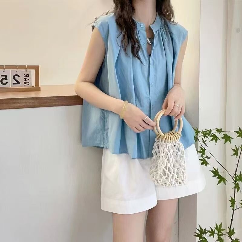 High-Quality Cotton Summer New Style Shirt with Pleated Flying Sleeves, Korean Style Loose Sweet Simple Cardigan Shirt for Women
