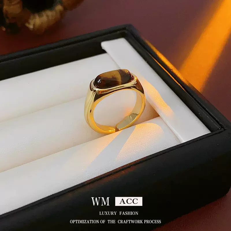 复古厚金虎眼石椭圆戒指时尚简约百搭开口食指戒轻奢高级感耳饰女