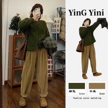 文艺港味复古灯芯绒阔腿裤女春夏加绒宽松遮肉显瘦九分休闲奶奶裤