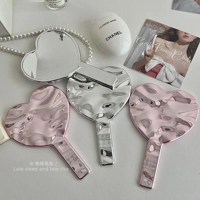 韓国インハンドヘルドハート型化粧鏡水の波紋ハンドヘルドミラー女の子ポータブルハンドルハンドヘルドミラー|undefined