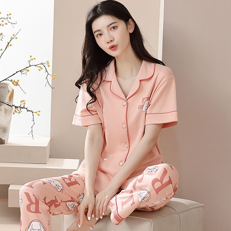Nuevos pijamas de verano de las mujeres pantalones de manga corta 100% algodón Delgado solapa casual de las mujeres mamá ropa de casa traje de verano