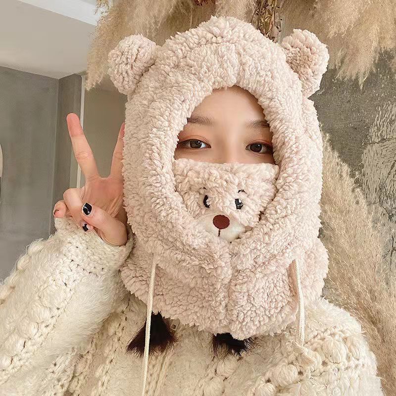 クマの帽子とスカーフオールインワン女性の秋と冬かわいい学生サイクリングぬいぐるみ暖かい耳保護フード付きマスクスカーフ|undefined