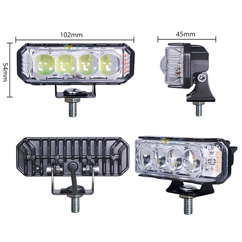 Fuerte iluminación cuatro lámparas LED externa luz roja y azul destello destello de luz de motocicleta eléctrica lámpara lejos y cerca luz todoterreno