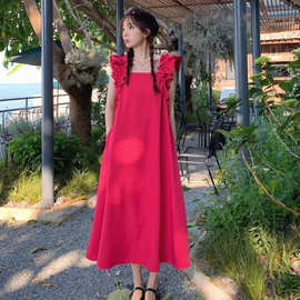 法式气质小飞袖玫红色连衣裙女夏季新款设计感方领木耳边度假长裙