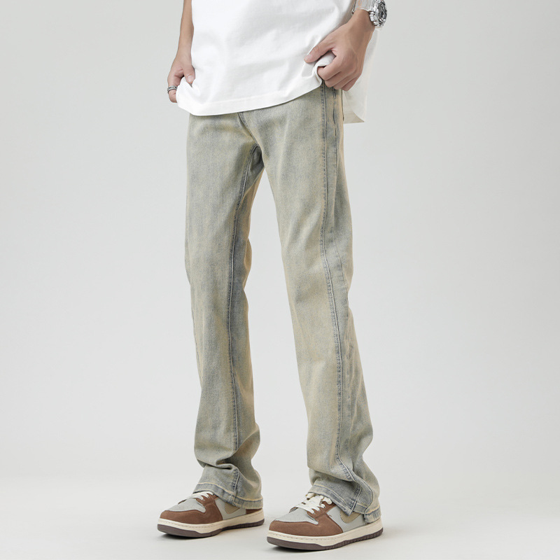 Huangni High Street American Men's Jeans Otoño Nuevo estilo Retro Lavado Micro-Vibe Pantalones largos rectos