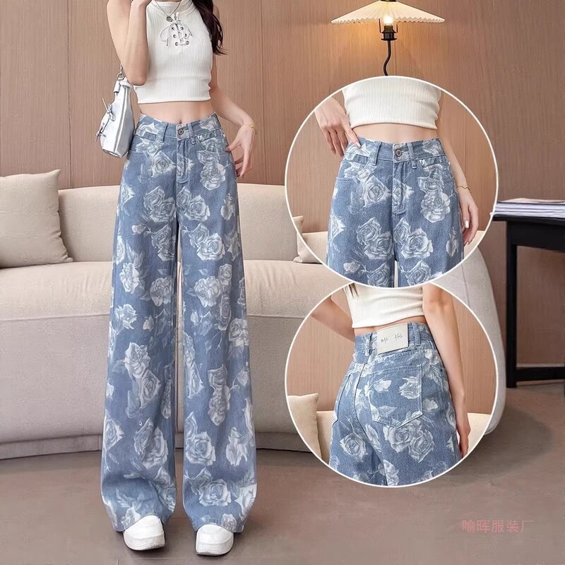 New Wholesale Printed Wide-Leg Jeans for Women, Summer Thin Style, Super Popular Versatile Loose Trendy Straight-Leg Pants for Women