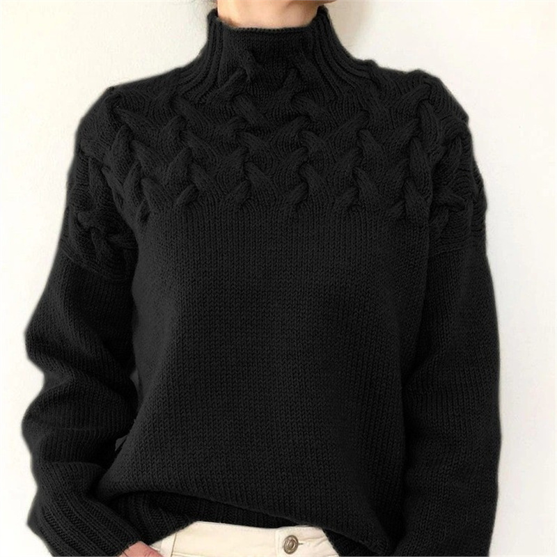 Cross-Border Amazon High-Neck Long-Sleeve Sweater Cross-Border In-Stock Women's Clothing Independent Station Ebay Fashion Cable Knit Details