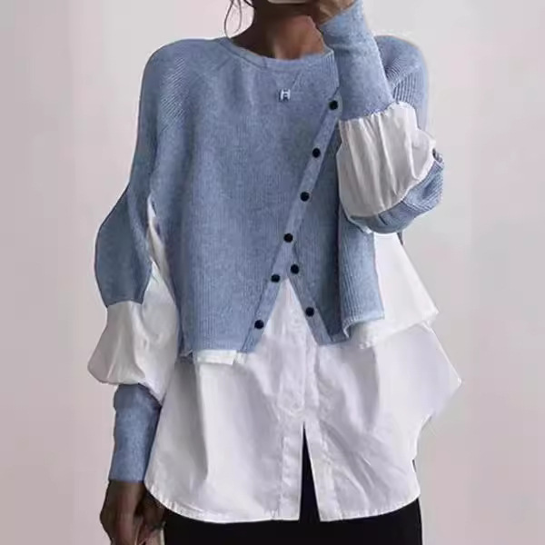 European Station Amazon Cross-border Fashion Spring and Autumn Crewneck Knitted Sweater Stitching Shirt Fake Two-piece Temperament Outer Wear Women European Station Amazon Cross-border Fashion Spring and Autumn Crewneck Knitted Sweater Stitching Shirt Fake Two-piece Temperament Outer Wear Women