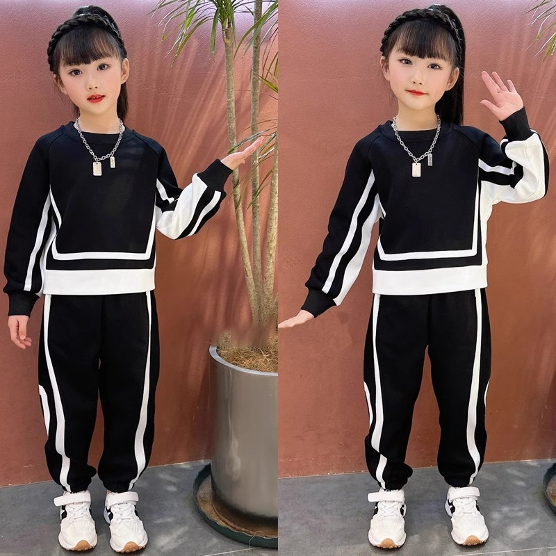 Kinderkleidung Mädchen Herbstoutfit 2024 Neue mittelgroße Kinder Langarm Kontrast Hoodie, Harenhose_voghion.com