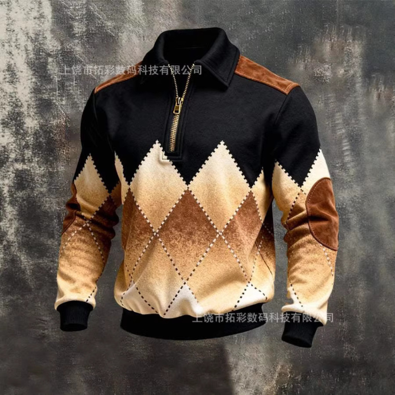 Amazon European and American Cross-Border New Style Knitted Sweater with Printed Lapel, Casual Commuting Sports Autumn and Winter Zipper Sweatshirt
