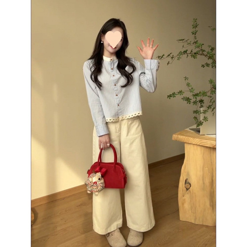 French Countryside Chic: Delicate, Fresh, Sweet, Heart-Shaped Hollowed Lace-Embroidered Striped Stand-Neck Shirt for Women – 2025 Spring/Summer