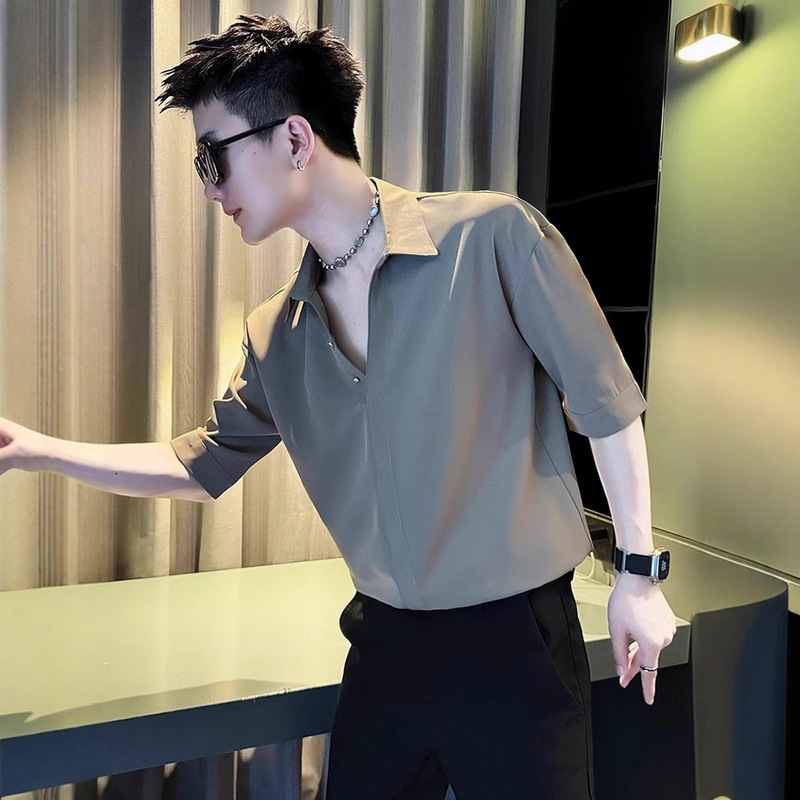 Trendy Street-Style Short-Sleeve Shirt for Men, Ice Silk Cool Feel, Three-Quarter Sleeve, 2025 New High-End Fashion Pullover Mid-Sleeve