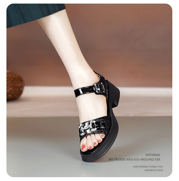 Sandal cao gót nữ da bò đế dày quai ngang đính đá — màu đen chi tiết 8