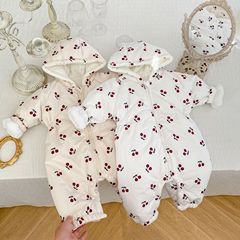 2023 Winter Fleece-lined and Thick Warm Cherry Print Hooded Cotton Coat for Infants and Children, Boys and Girls, Long Crawling Suit