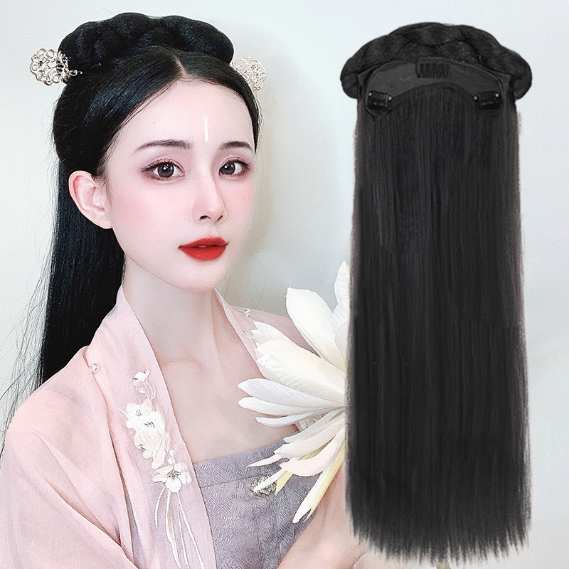 Hanfu wig antique one-piece hair hoop meatball hair accessories ancient costume wig bun hair package all-Match full head cover Hanfu wig antique one-piece hair hoop meatball hair accessories ancient costume wig bun hair package all-Match full head cover
