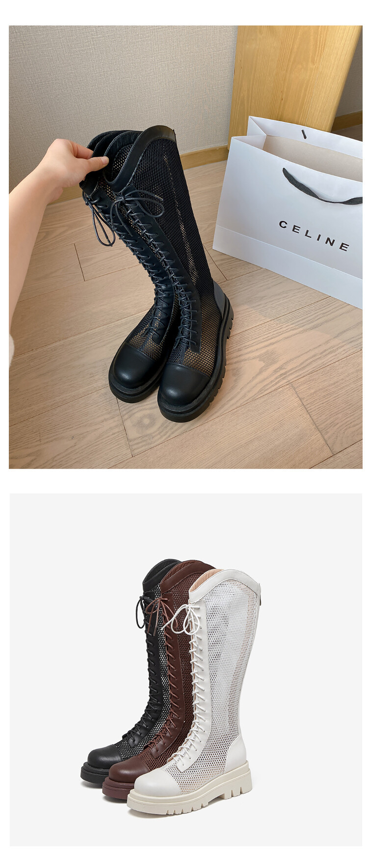 Boot lưới da thật cổ cao đế dày thoáng khí mùa xuân hè phong cách kỵ sĩ buộc dây — Màu nâu ống lớn, Màu đen cổ ống lớn, Ống nhỏ màu đen, Ống nhỏ màu be chi tiết 65