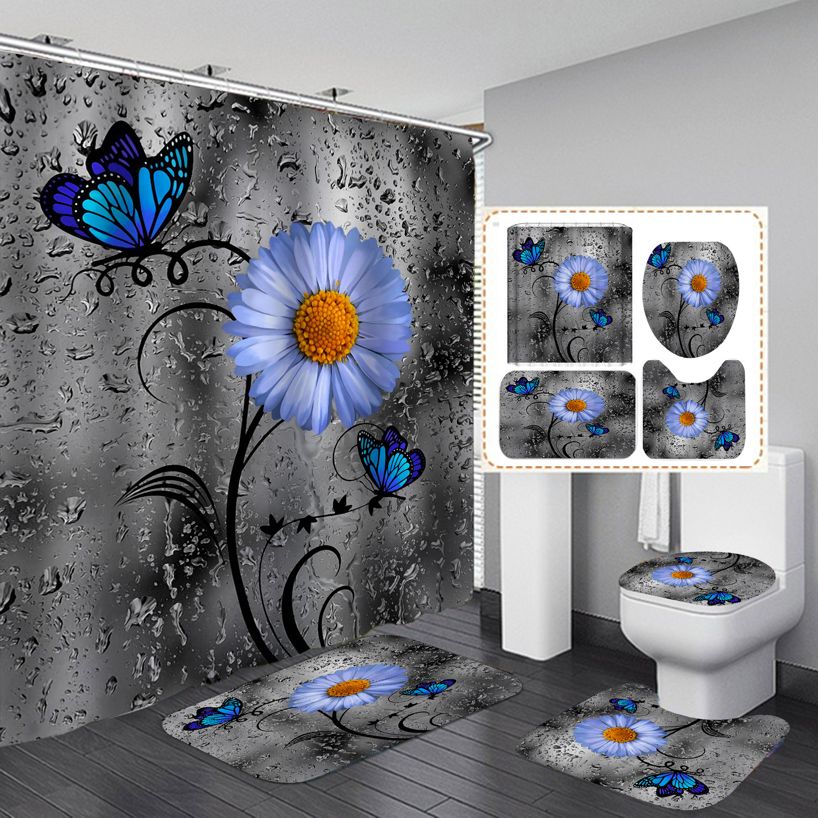 Fuente fábrica 3D Impresión digital Cortina de ducha ins Estilo nórdico flor ducha cortina conjunto de cuatro piezas libre tipo C anillo colgante 12