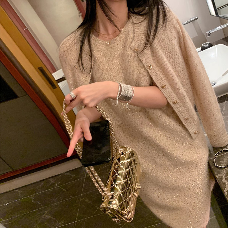 2025春时尚套装 Super美银箔纱秘鲁珠片套装女针织开衫裙子两件套|undefined