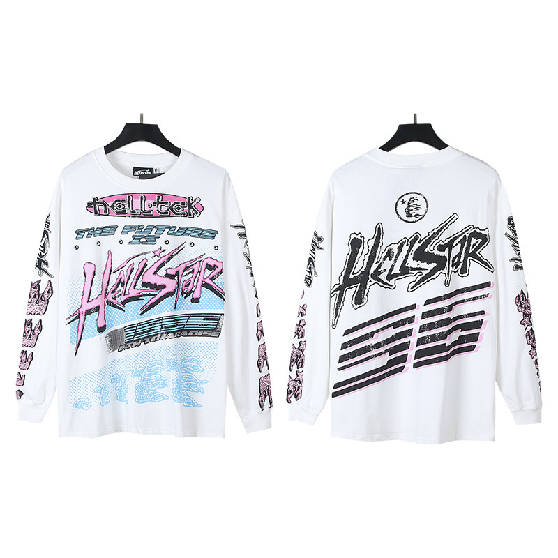 Hellstar アメリカのトレンディなハイストリートレトロウォッシュ加工プリントストリートロックスウェットシャツ長袖 Tシャツ男性と女性のトップス|undefined