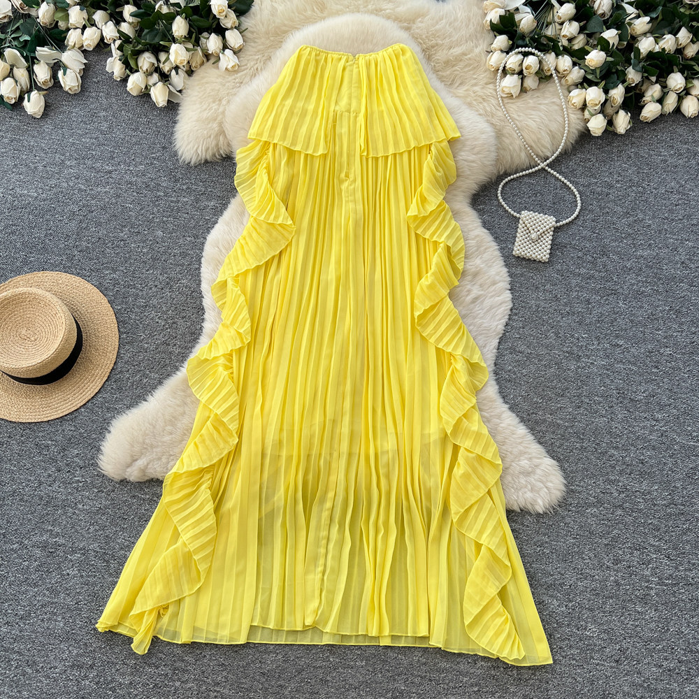 Yellow Strapless Sleeveless Long Dress Ruffled Halter Neck Design Loose Fit French Style Summery Feel Women's Clothing_ecoleips.com