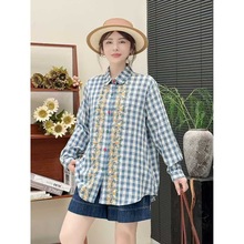 2025年秋季大码韩版新款 蕾丝花边 格子宽松女士开衫长袖衬衫批发