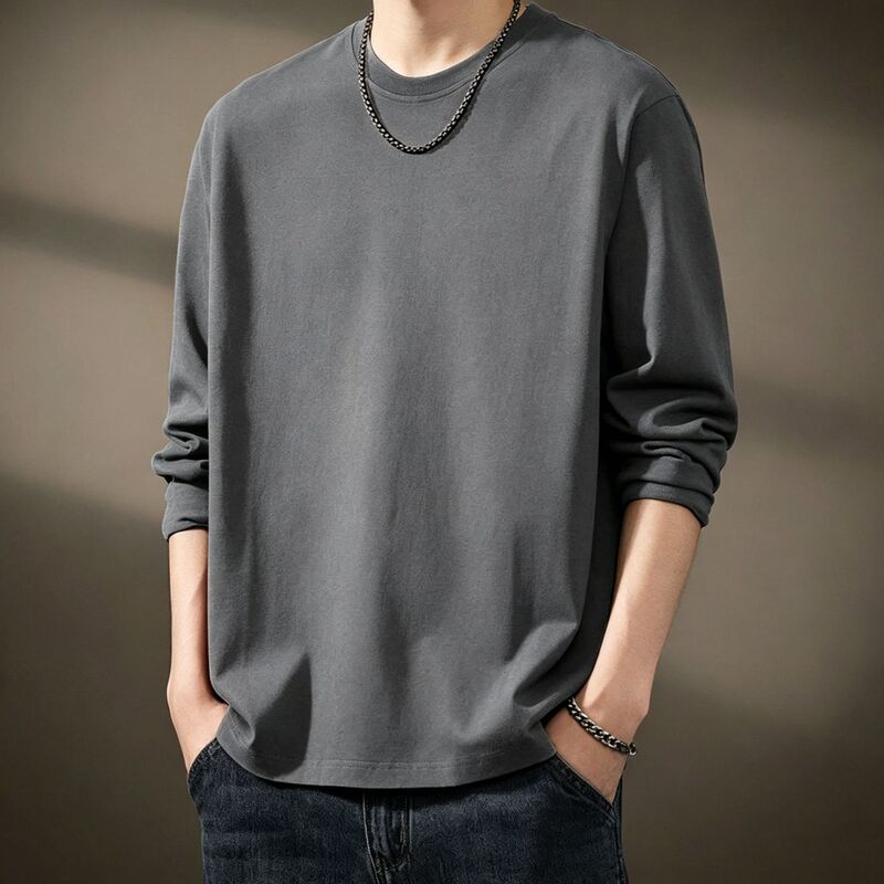 Cross-border ins long-sleeve milk silk spring and autumn solid color plus-size men's T-shirt, Hong Kong style casual loose round-neck base shirt