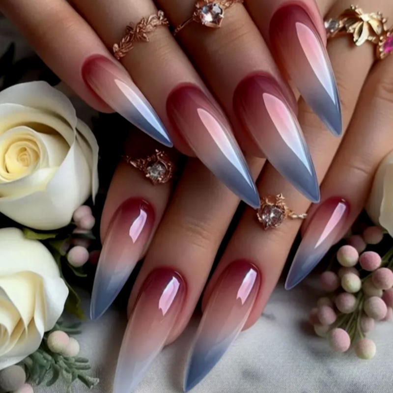 Cross-Border Hot-Selling Long Pointed Color-Blocking Gradient Press-On Nails, Nail Extensions, Press-On Nail Sets, Wholesale Cross-Border Hot-Selling Long Pointed Color-Blocking Gradient Press-On Nails, Nail Extensions, Press-On Nail Sets, Wholesale