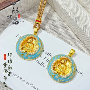 Gold Shop Same Style Ancient Sand Gold Enamel Diamond-Encrusted Buddha Pendant New Chinese Retro Buddha Pendant Wholesale