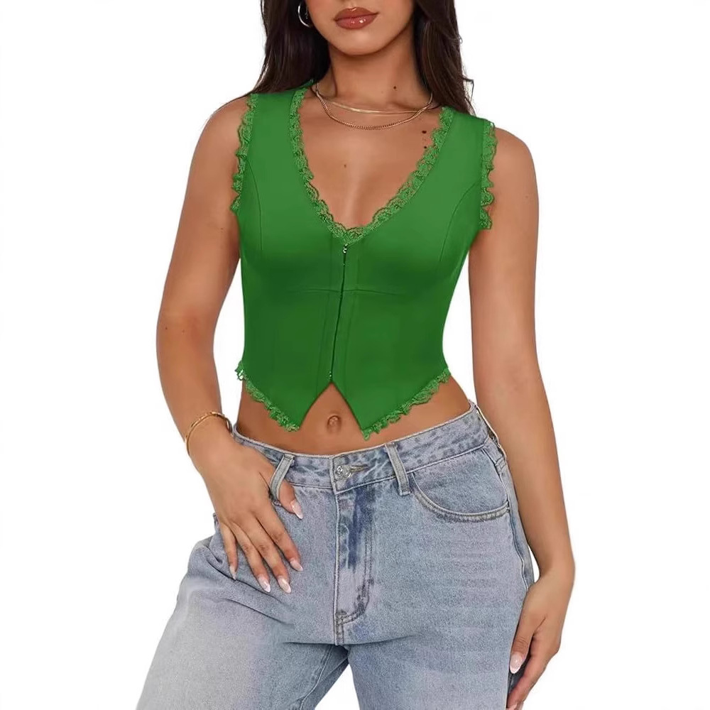 2025 Women's French Retro Lace Trim Slim Fit Buttoned Backless Vest Top Versatile and Stylish